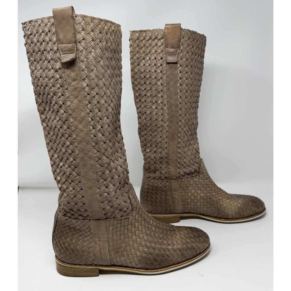 LAURA BELLARIVA Taupe Brown Woven Leather Riding Boots Flat Italy Sz 39‎ US 8.5